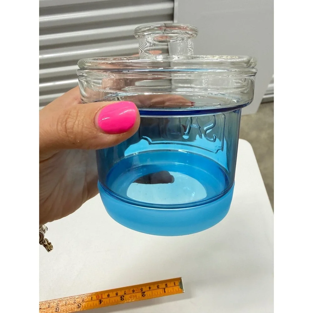 Blue Glass Salt Cellar Jar with Clear Lid and Silicone Base